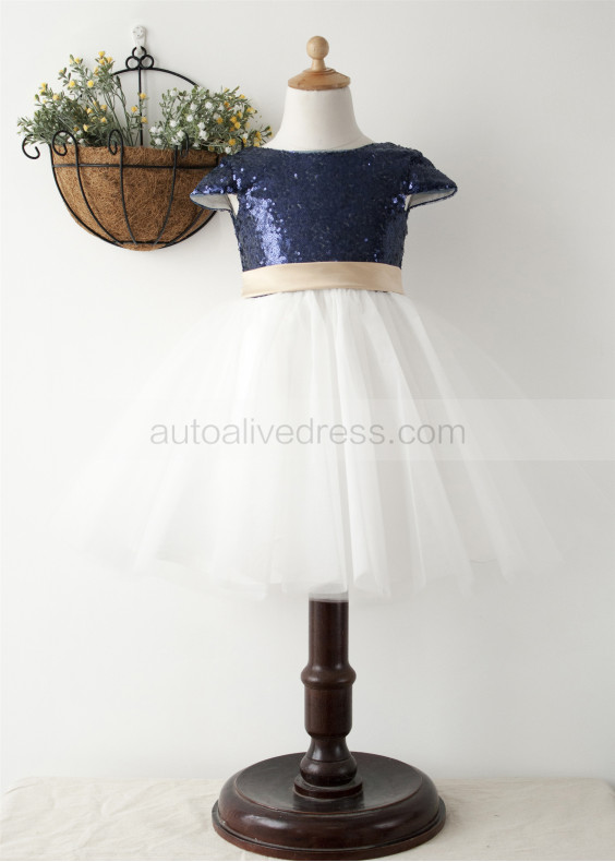 Navy Blue Sequin Ivory Tulle Short Flower Girl Dress 